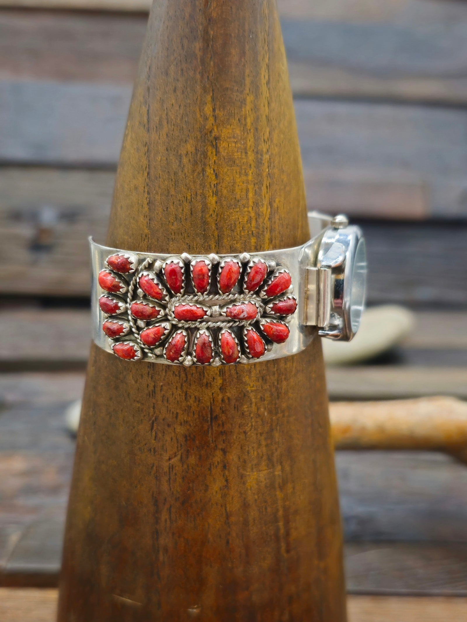 Vintage/Estate Sterling Silver and Coral Cluster Watch Cuff - 7 in.