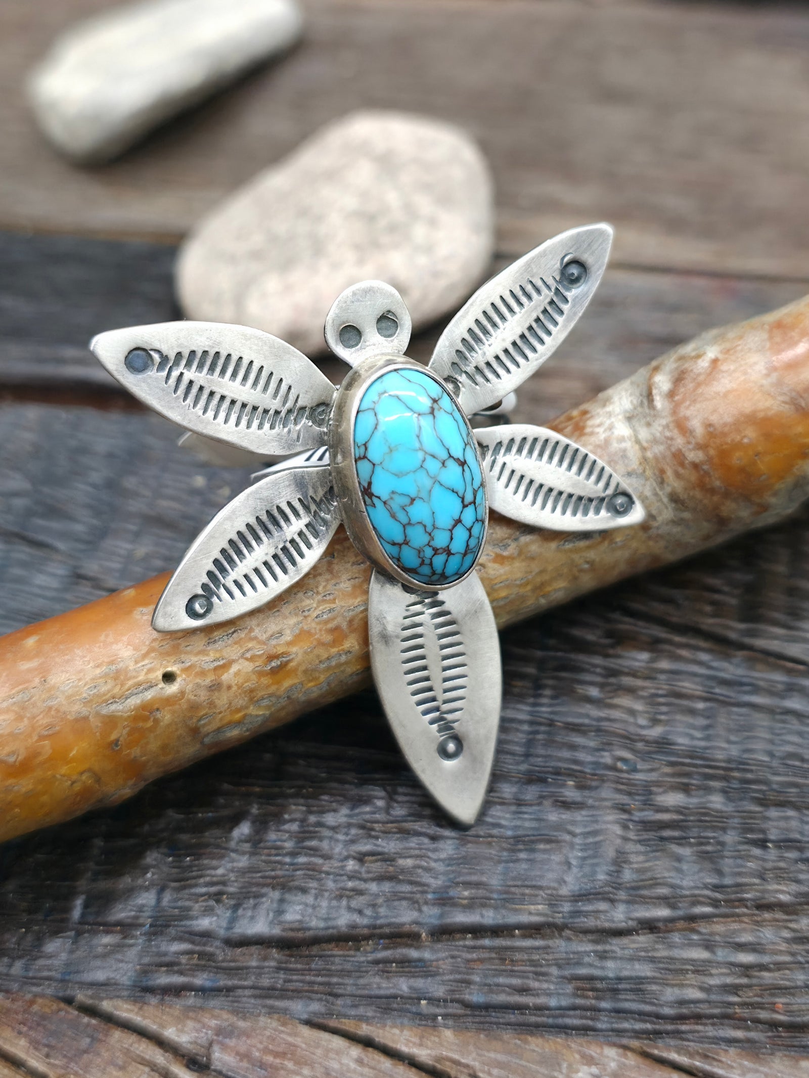 Stamped Sterling Silver Turquoise Dragonfly Ring by Dominic Dixon - Adjustable