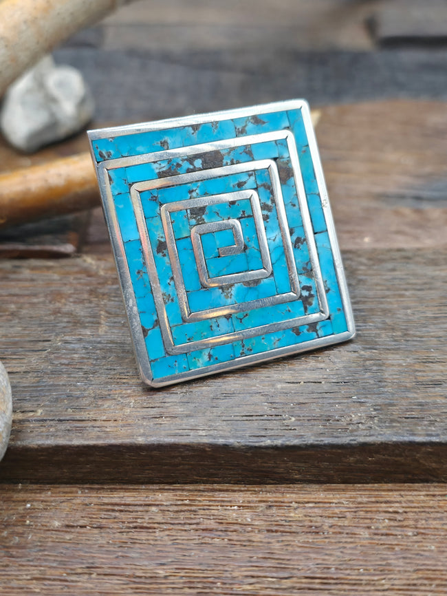 Large Sterling Silver Turquoise Inlay Spiral Ring with Multistone Band by Elliot Coonsis - Size 13