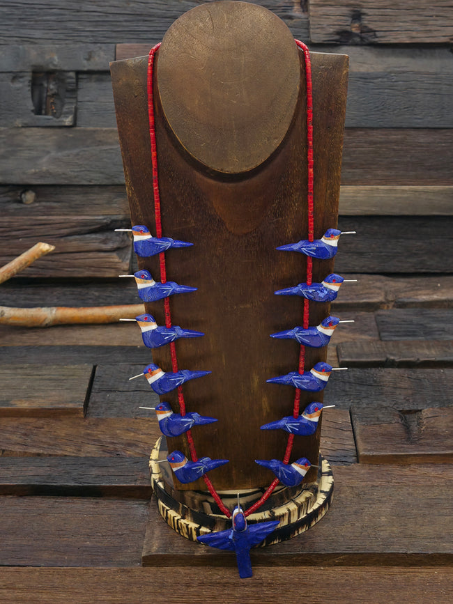 Lapis 13 Hummingbird Necklace with Apple Coral Heishi Beads by Matt Mitchell - 28 in.