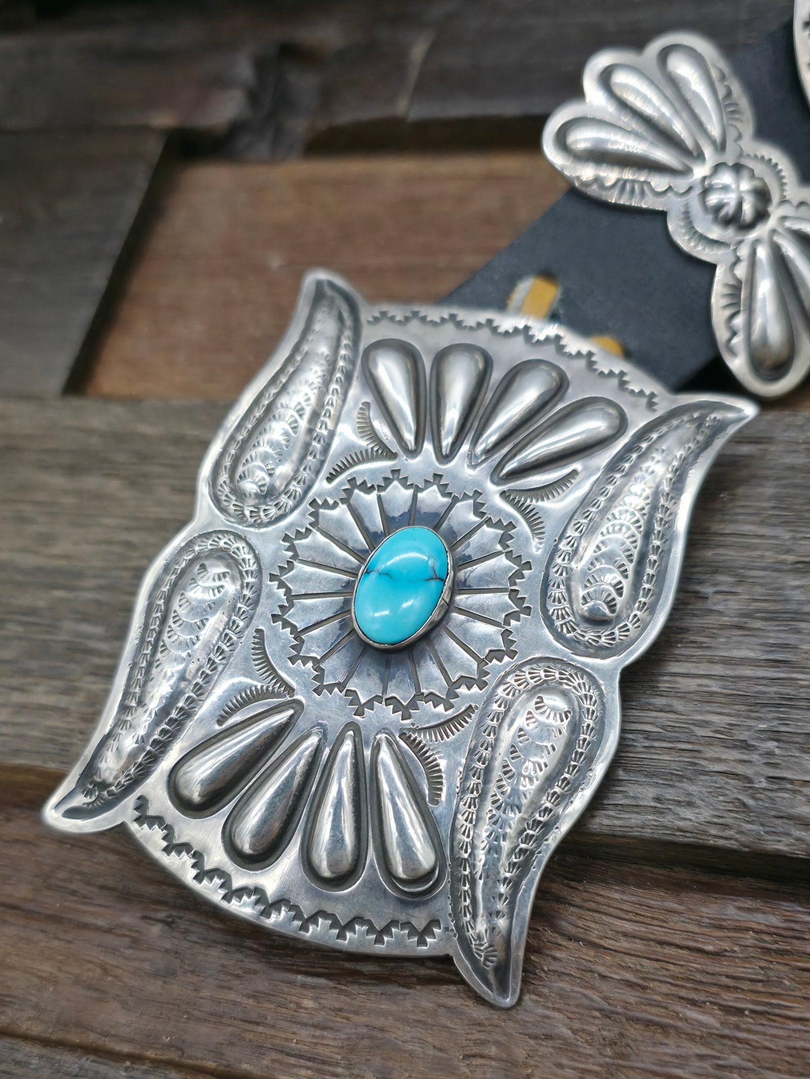 Vintage/Estate Stamped Sterling Silver Turquoise Concho Belt by Gilbert Tom - 46 in.