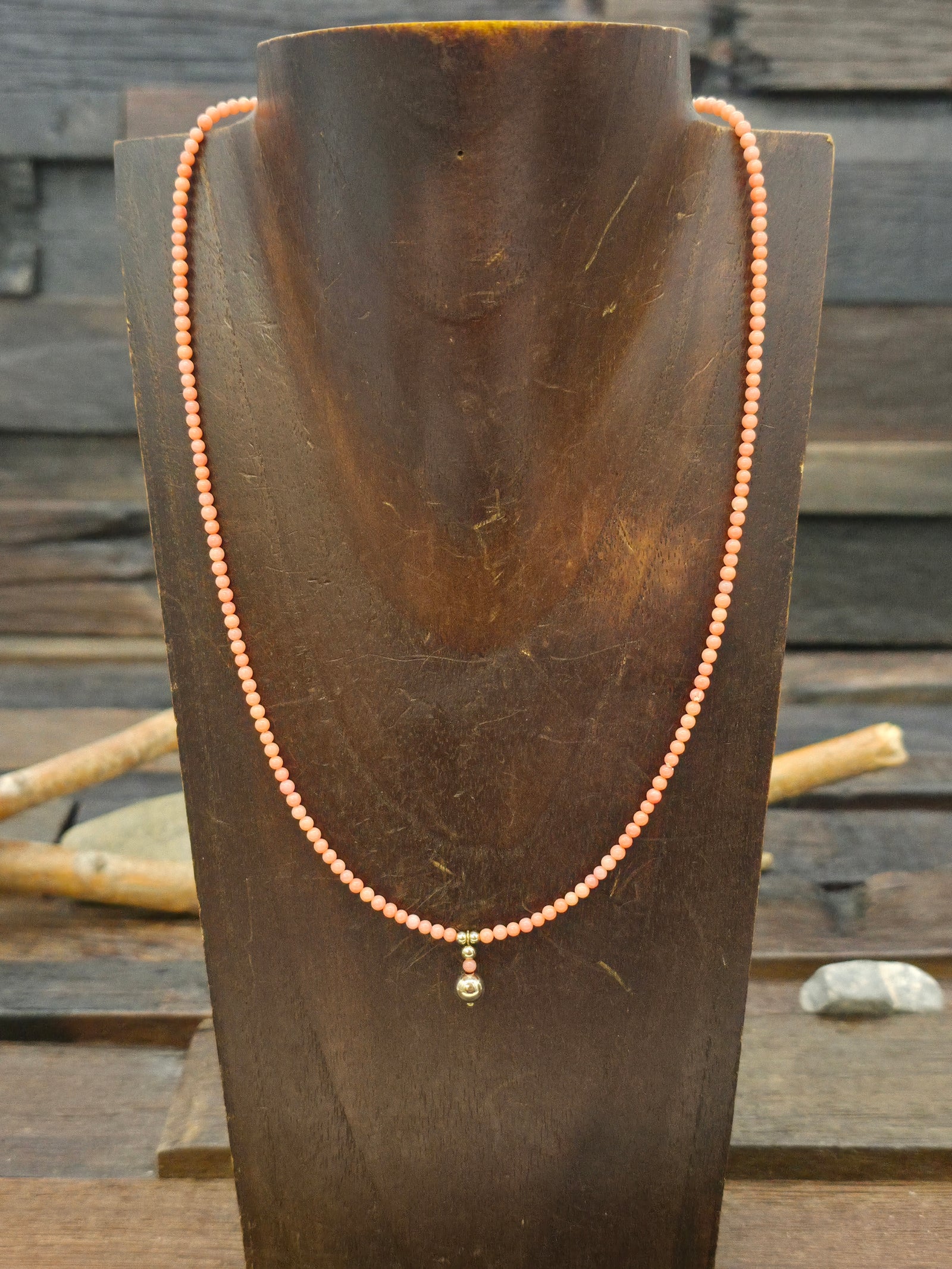 Pink Coral and 14K Gold Bead Necklace with Magnetic Clasp - NON NATIVE MADE - 18 in.