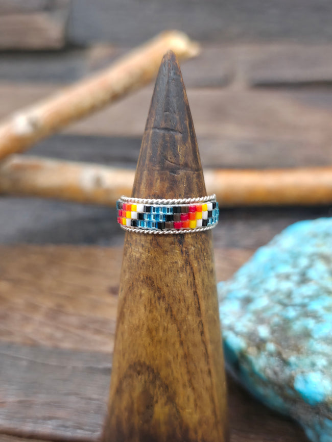 Beadwork Sterling Silver Ring by Lucille Ramone - Metallic Blue, White, Red - Size 8