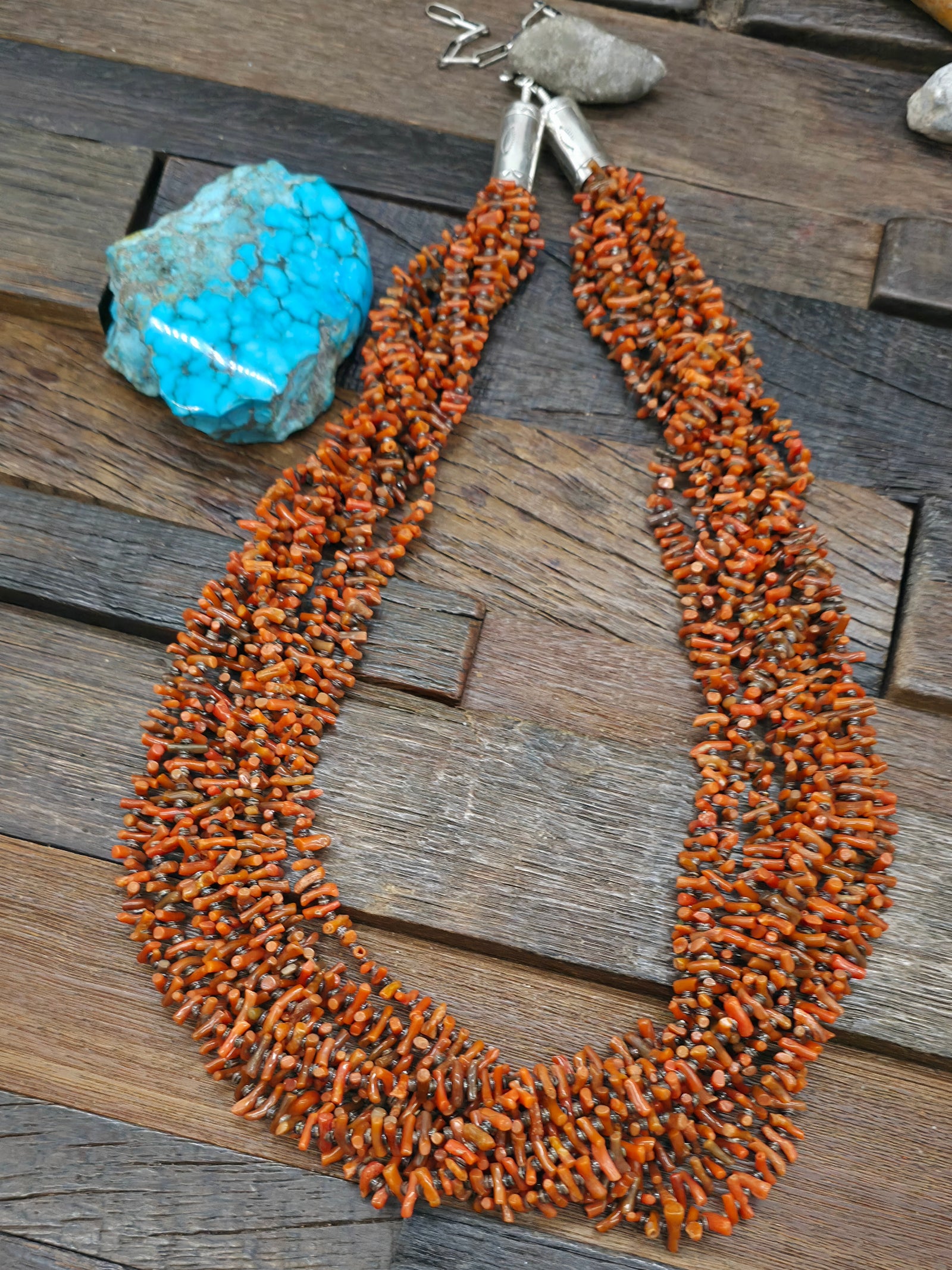 Nine Strand Coral and Olive Shell Necklace with Stamped Sterling Silver Caps by Mel Masquat - 28 in. Plus 5 in. Extender