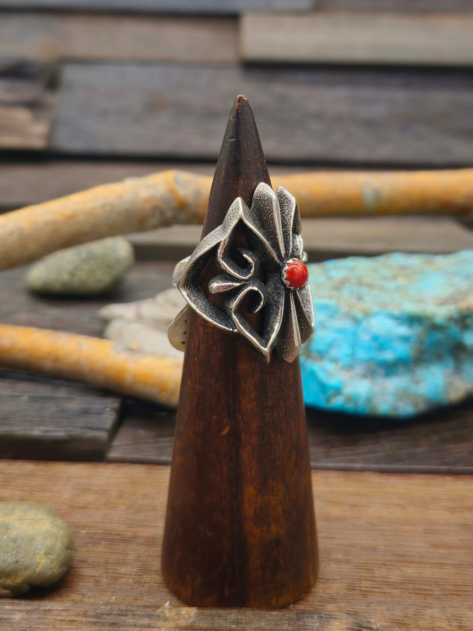Cast Sterling Silver and Coral Ring by Aaron Anderson - Size 9