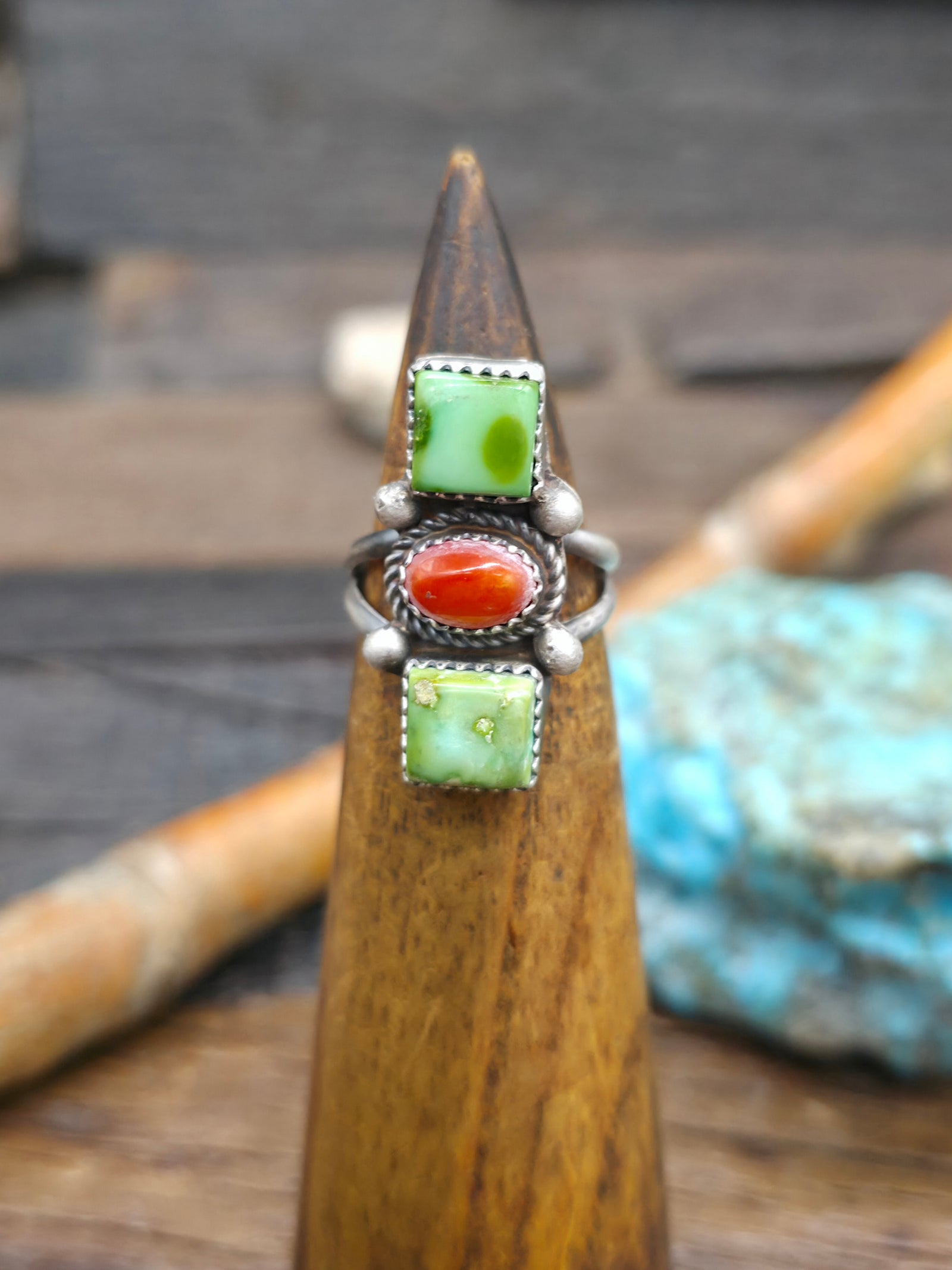 Sterling Silver  Sonoran Turquoise and Coral Ring by L. Ganado - Size 7