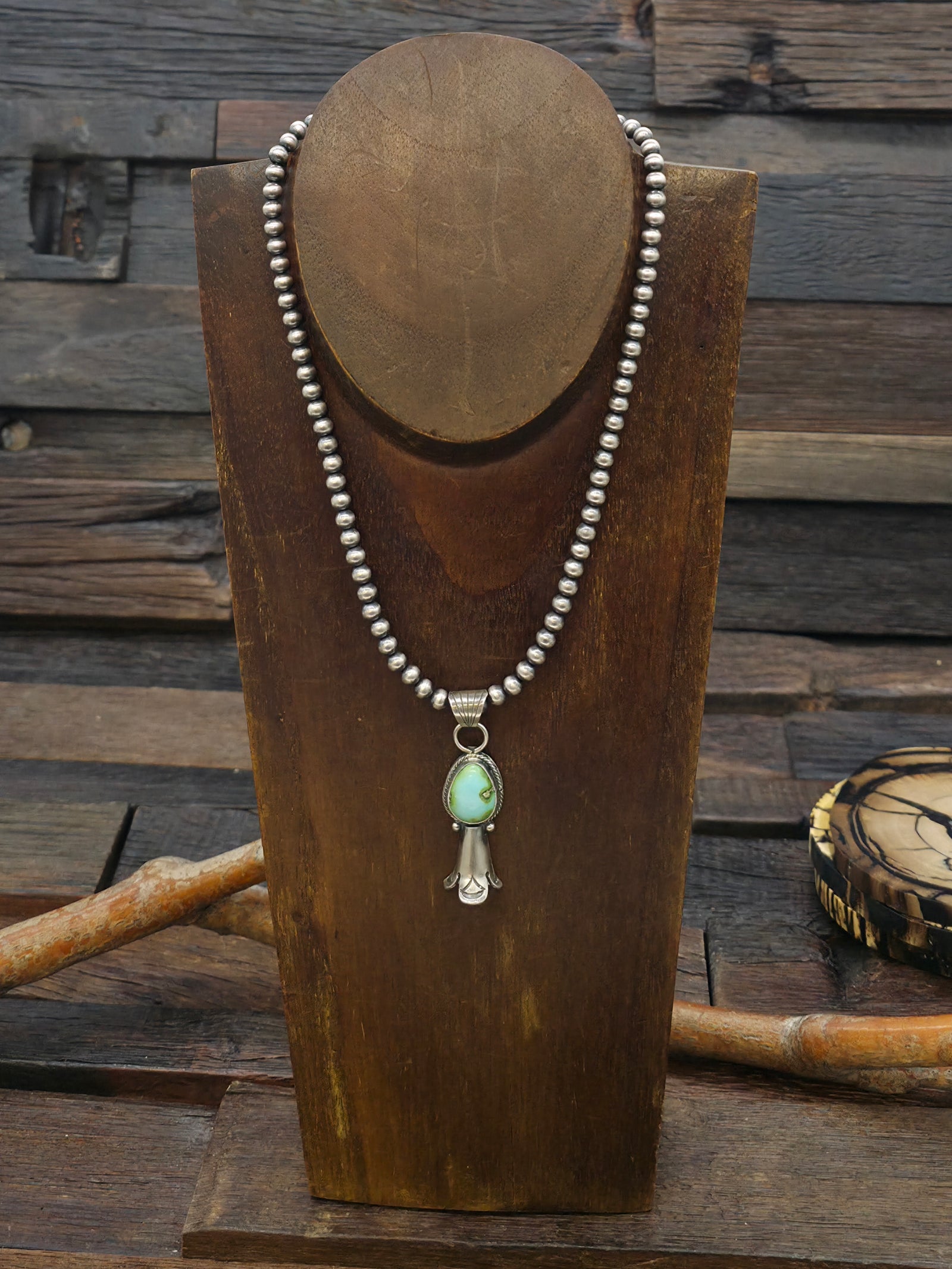 Sterling Silver Sonoran Turquoise Squash Blossom Pendant on Navajo Pearls by Sharon McCartney - 16 in.