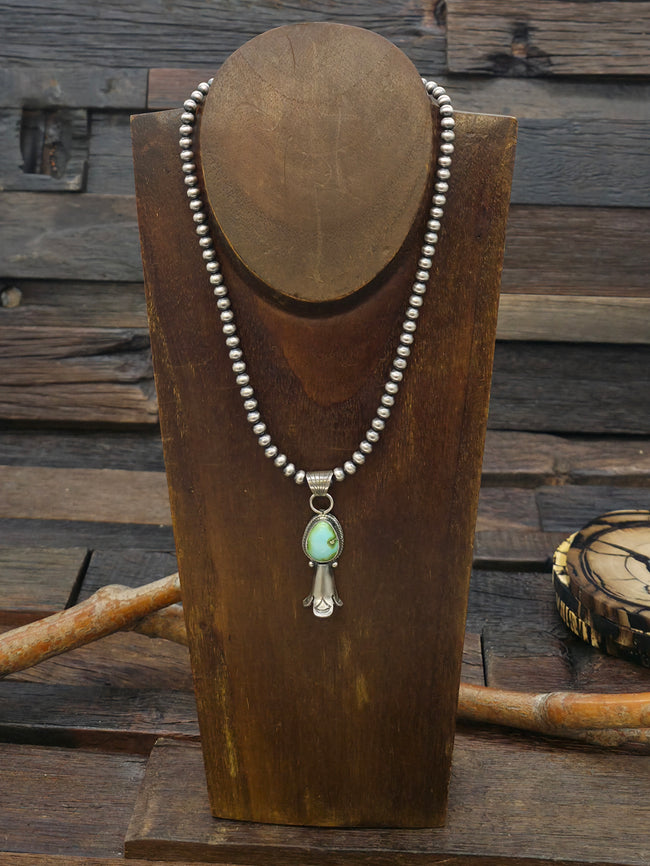 Sterling Silver Sonoran Turquoise Squash Blossom Pendant on Navajo Pearls by Sharon McCartney - 16 in.