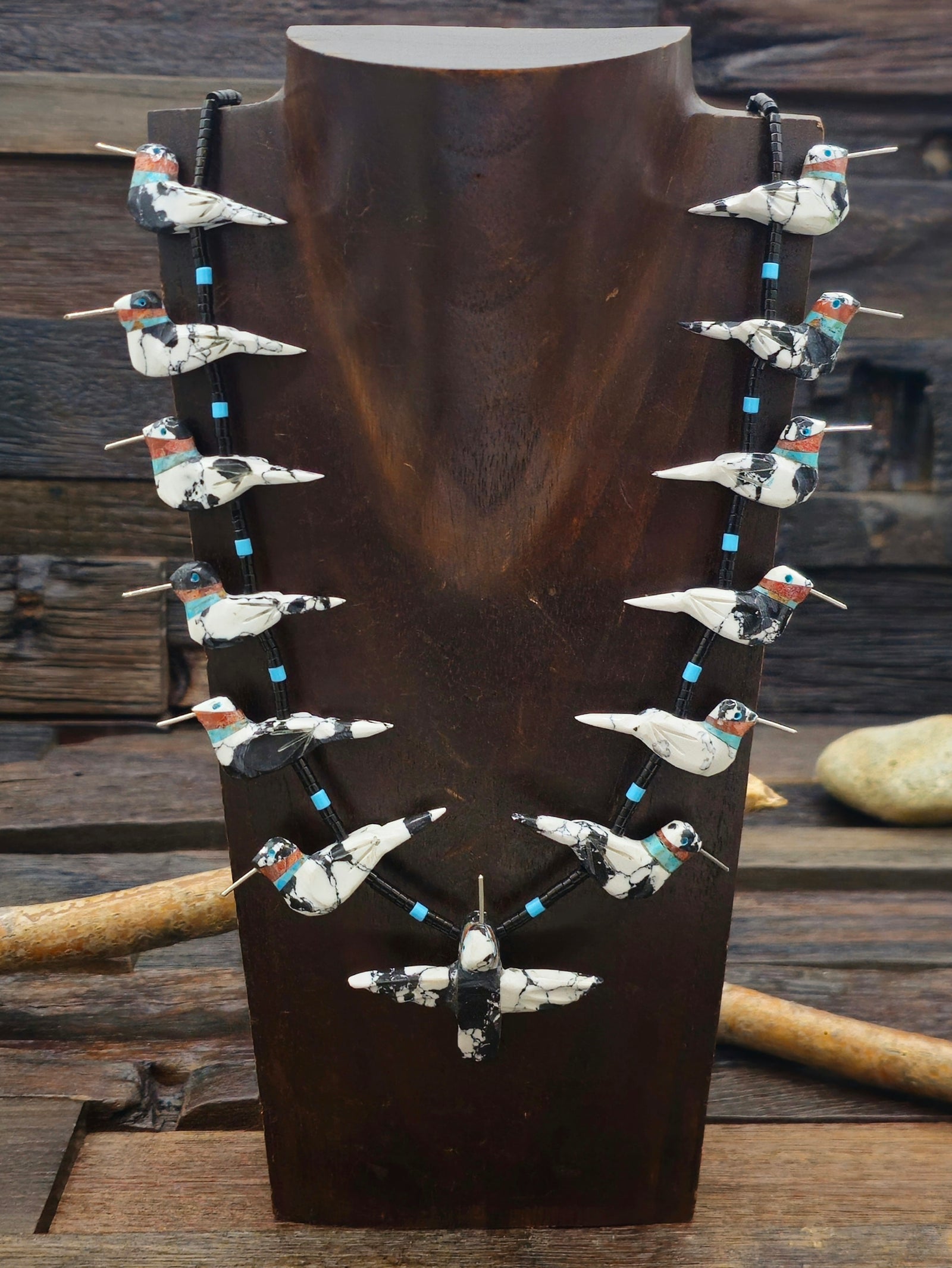White Buffalo 13 Hummingbird Necklace with Jet Heishi by Matt Mitchell - 24 in.