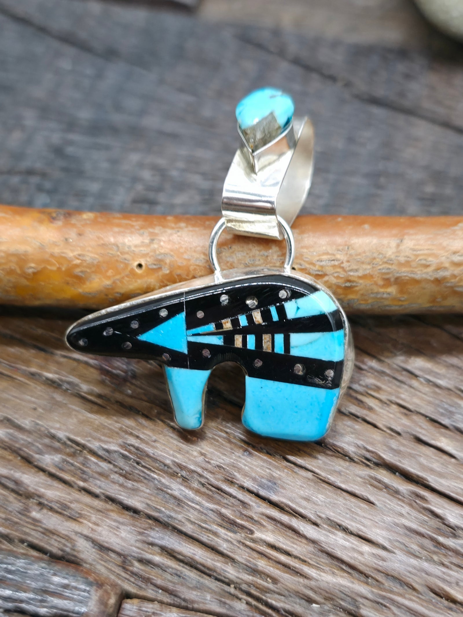Turquoise and Jet Inlay Sterling Silver Bear Pendant by Ray Jack - 1 3/4 in. by 1 1/2 in.