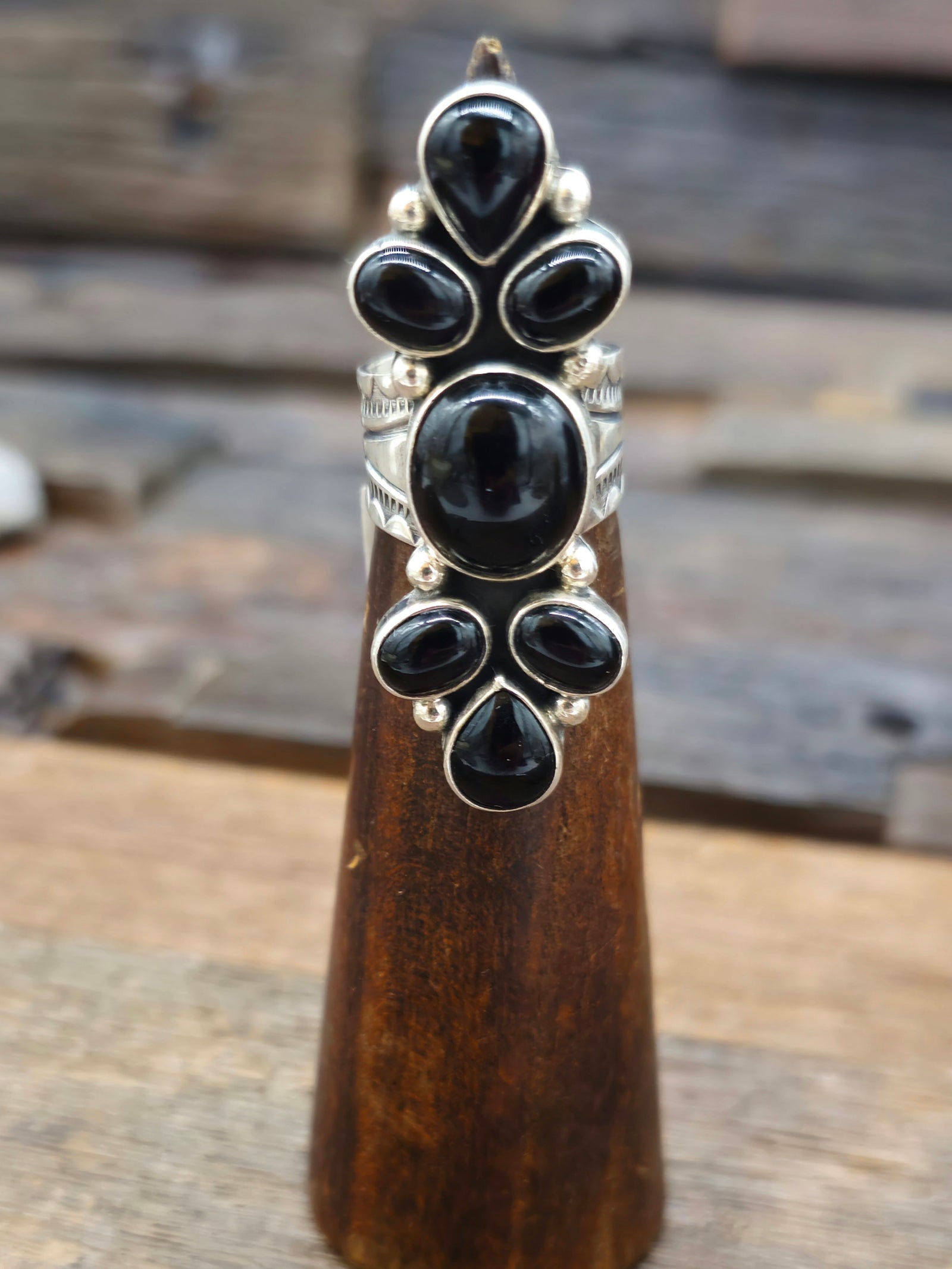 Sterling Silver Black Onyx Cluster Ring - Size 6.5