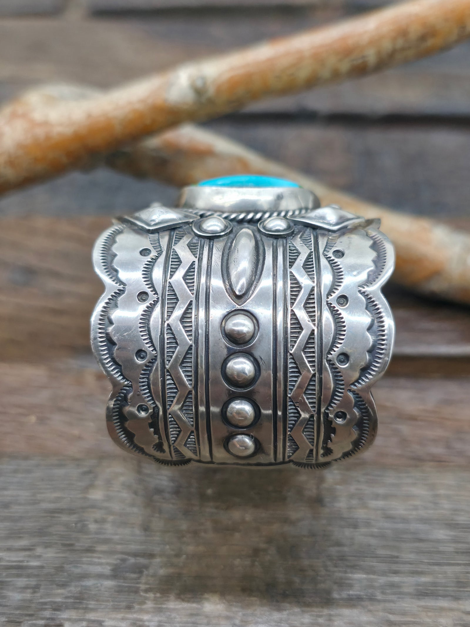 Stamped Sterling Silver Sonoran Turquoise Cuff by J. Delgarito - 6 1/2 in. with Gap