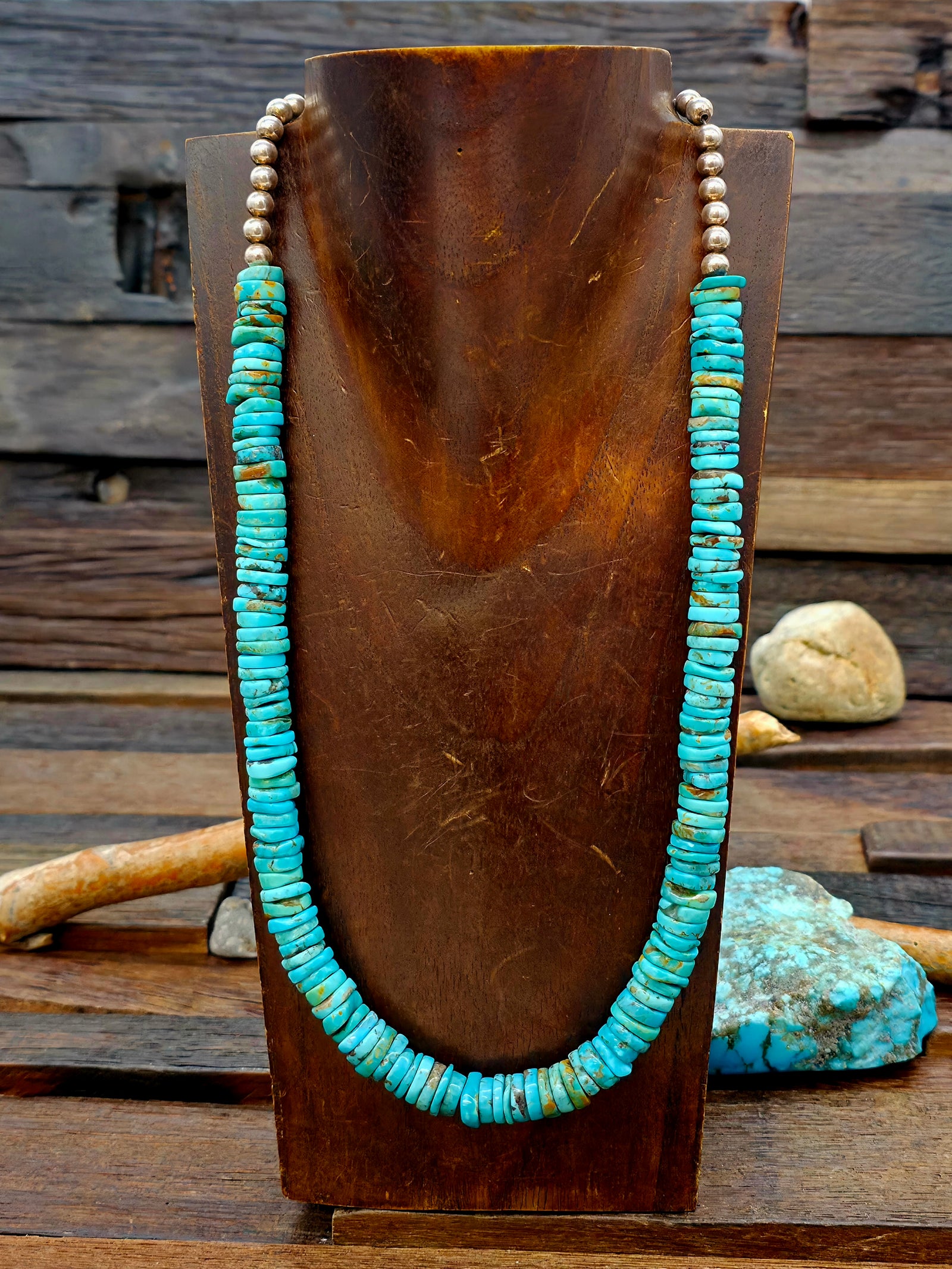 Kingman Turquoise Necklace with Sterling Silver Beads - 23 in.