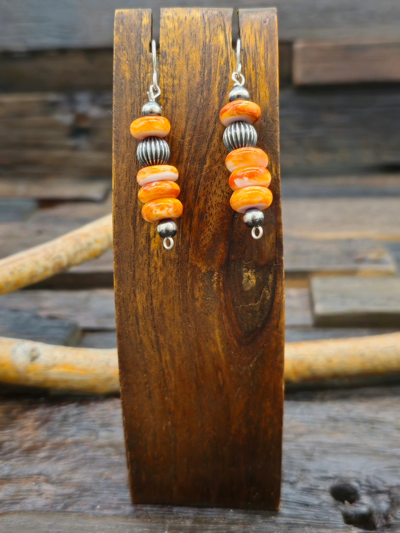 Oxidized Sterling Silver and Orange Spiny Oyster Bead Earrings