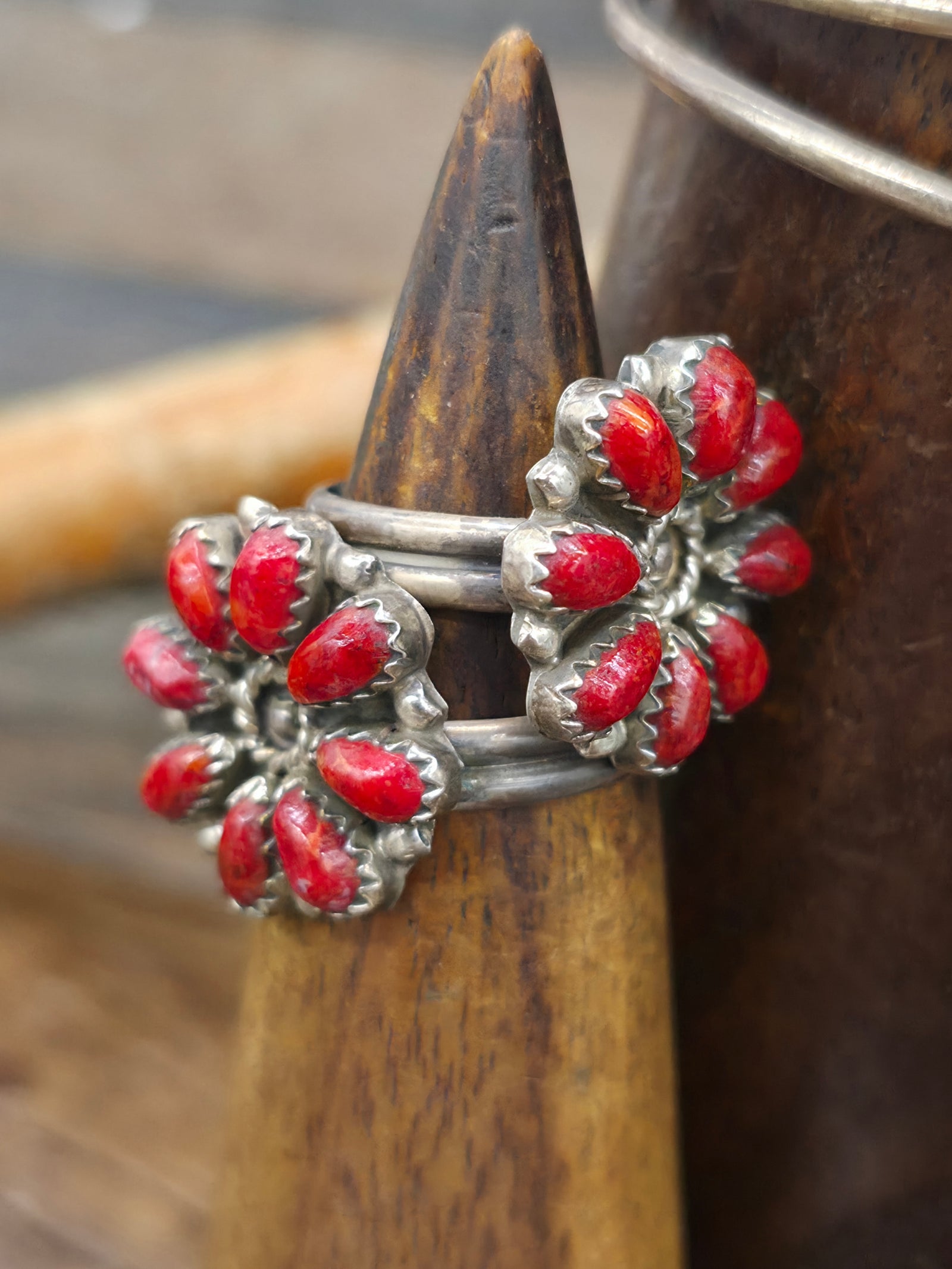 Seven Piece Sterling Silver Apple Coral Squash Blossom Necklace Set with Earrings, Two Adjustable Rings, Two Bracelets, and Pin/Pendant