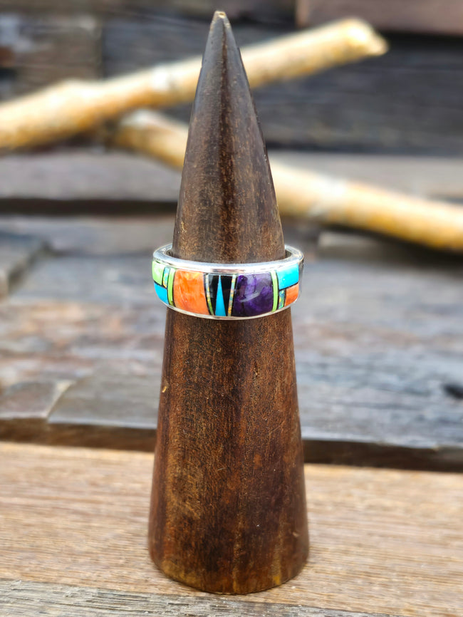 Multistone Inlay Sterling Silver Ring by Albert Topaha - size 10 1/2