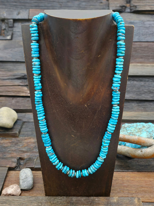 Blue Turquoise and Sterling Silver Bead Necklace - 21 in.