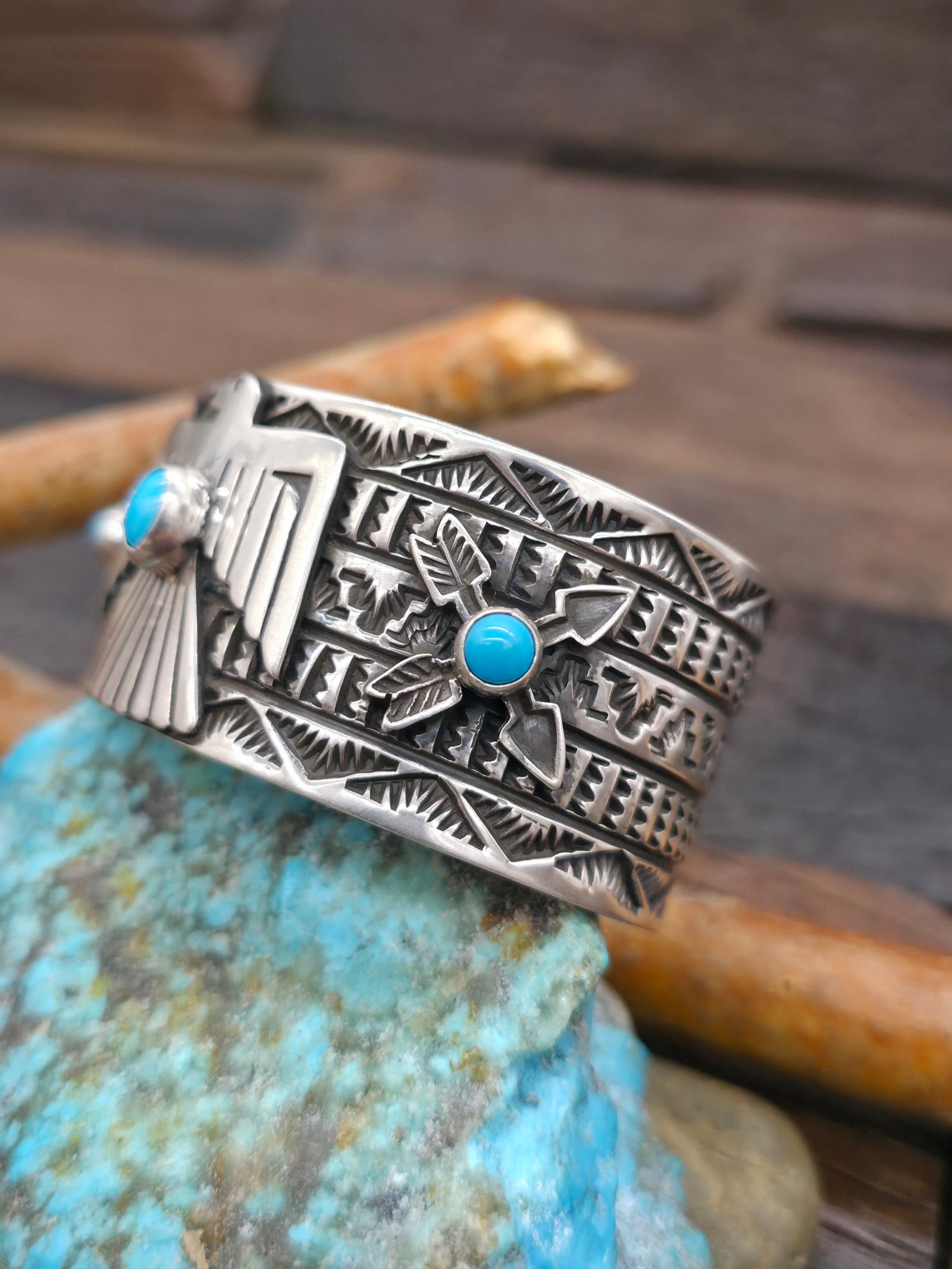 Stamped Sterling Silver Turquoise Thunderbird Cuff by T.O. White - 6 in. w/Gap