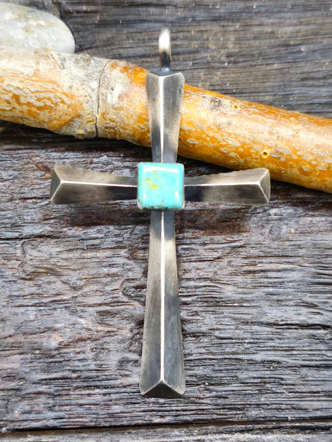 Oxidized Sterling Silver and Turquoise Cross Pendant by Ray Betsoi