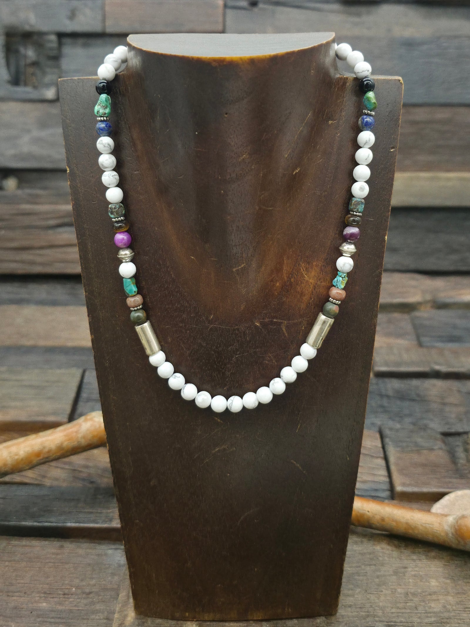 Howlite, Mixed Stone, and Sterling Silver Bead Necklace by Rose Singer - 16 in.