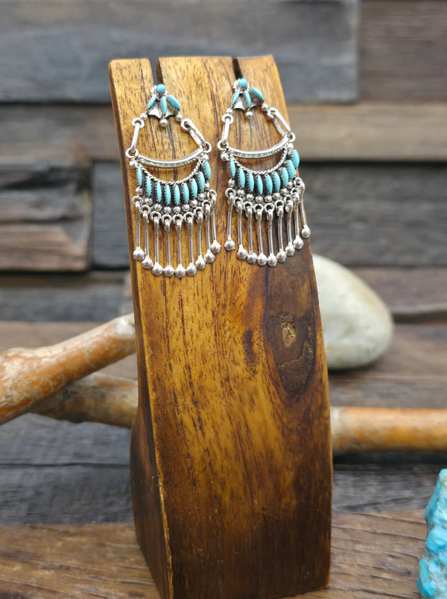 Sterling Silver Turquoise Zuni Needlepoint Earrings by Stewart Nakatewa - 1 3/4 in. by 3/4 in.