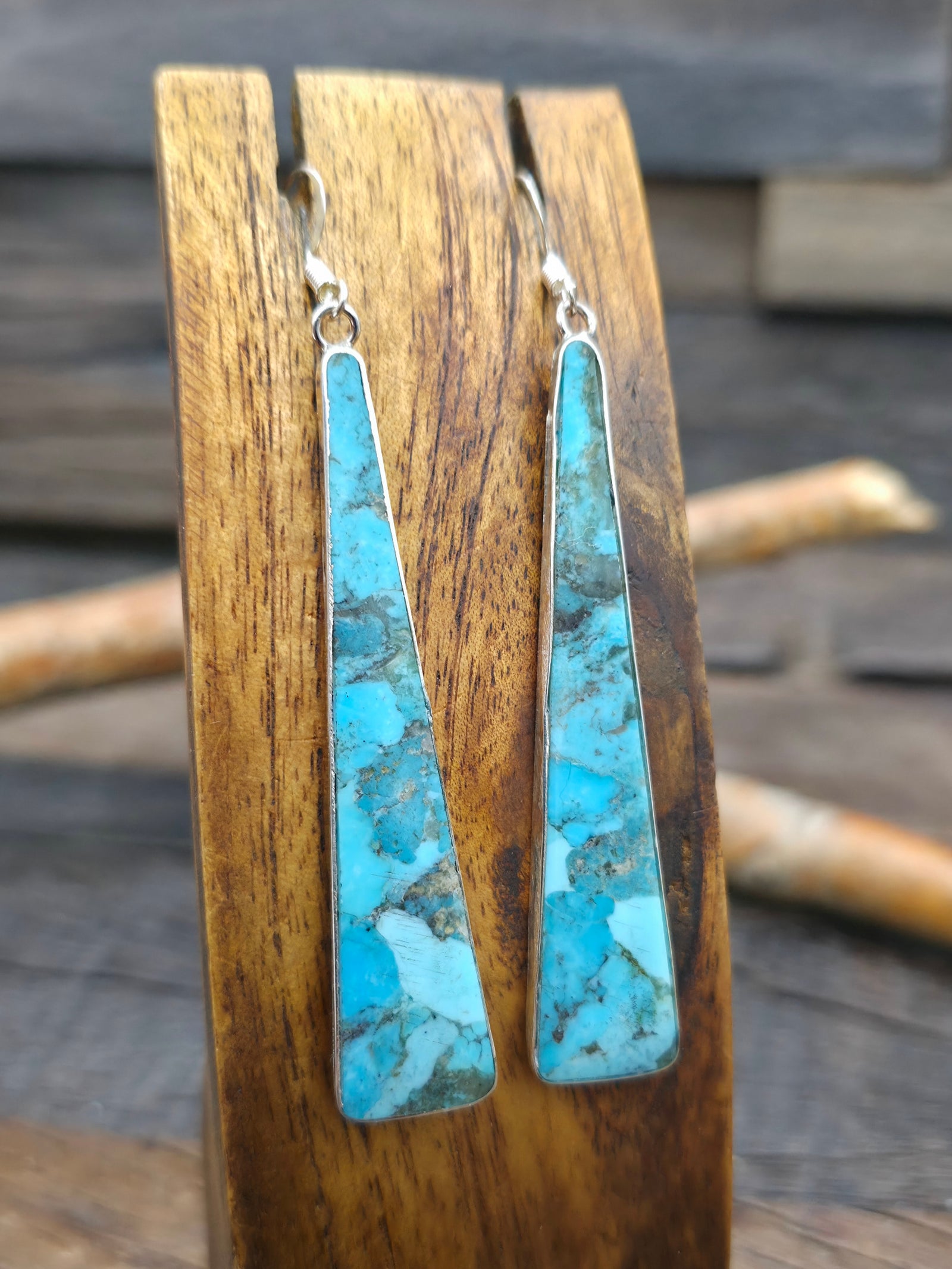Long Turquoise Slab Earrings with Sterling Silver by Veronica Tortalita - 3 in. by 1/2 in.