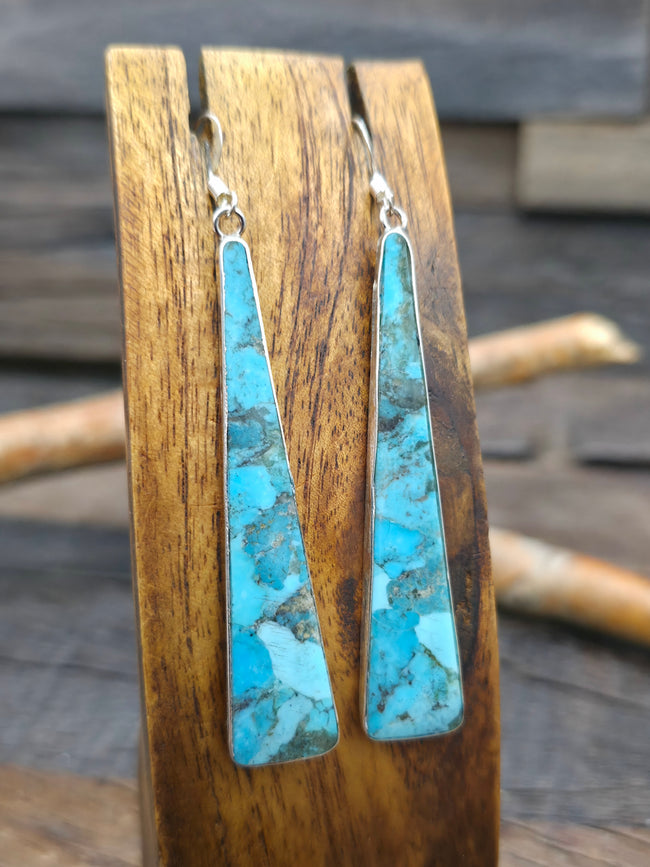 Long Turquoise Slab Earrings with Sterling Silver by Veronica Tortalita - 3 in. by 1/2 in.
