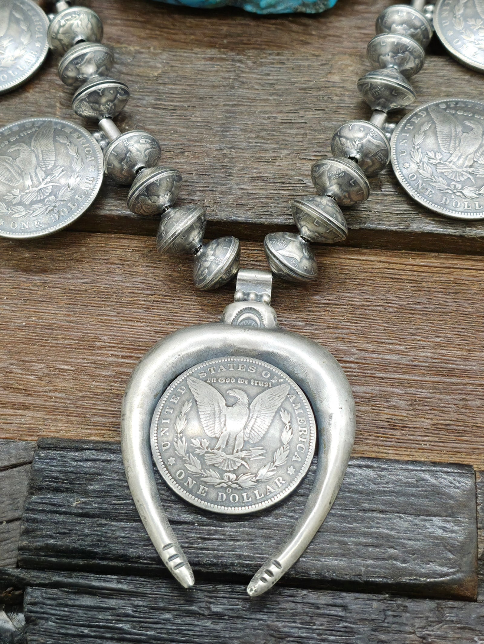 Eagle Dollar Coin Silver Squash Blossom Necklace with Mercury Dime Beads - 26 in.
