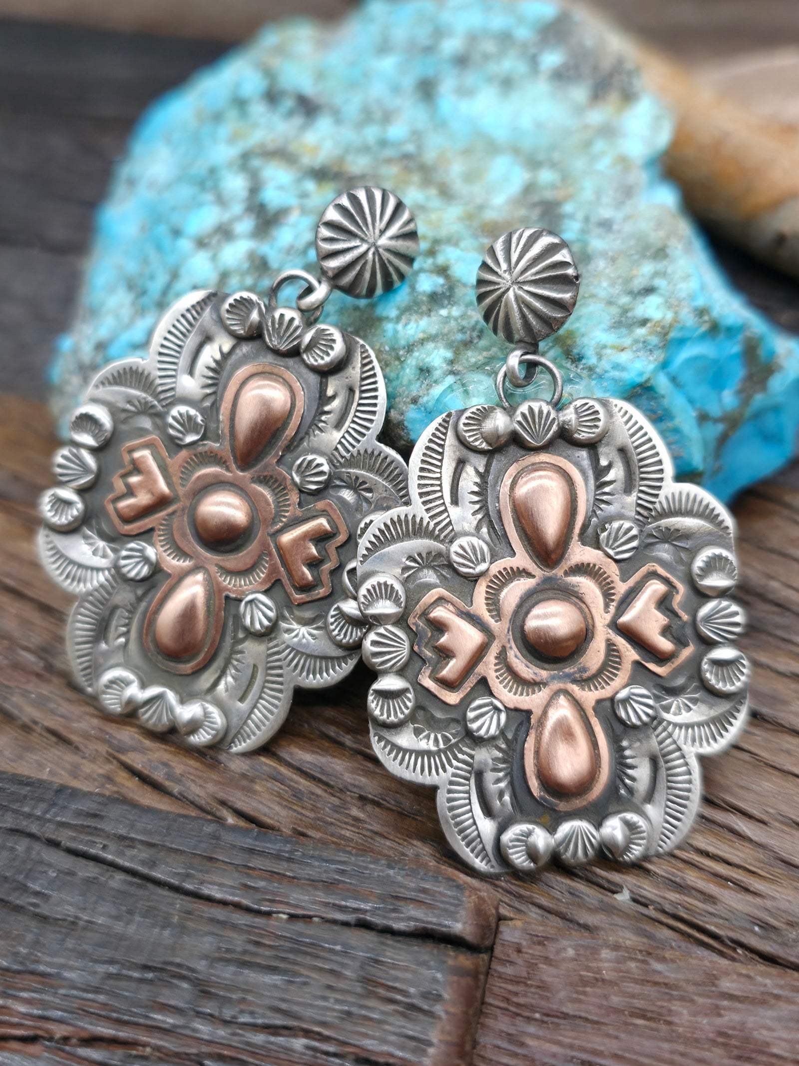 Large Stamped Sterling Silver with Copper Overlay Cross Post Dangle Earrings by Dean Sandoval - 2 1/4 in. by 1 1/2 in.