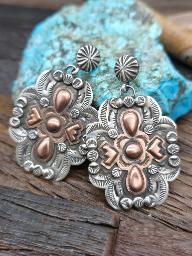Large Stamped Sterling Silver with Copper Overlay Cross Post Dangle Earrings by Dean Sandoval - 2 1/4 in. by 1 1/2 in.