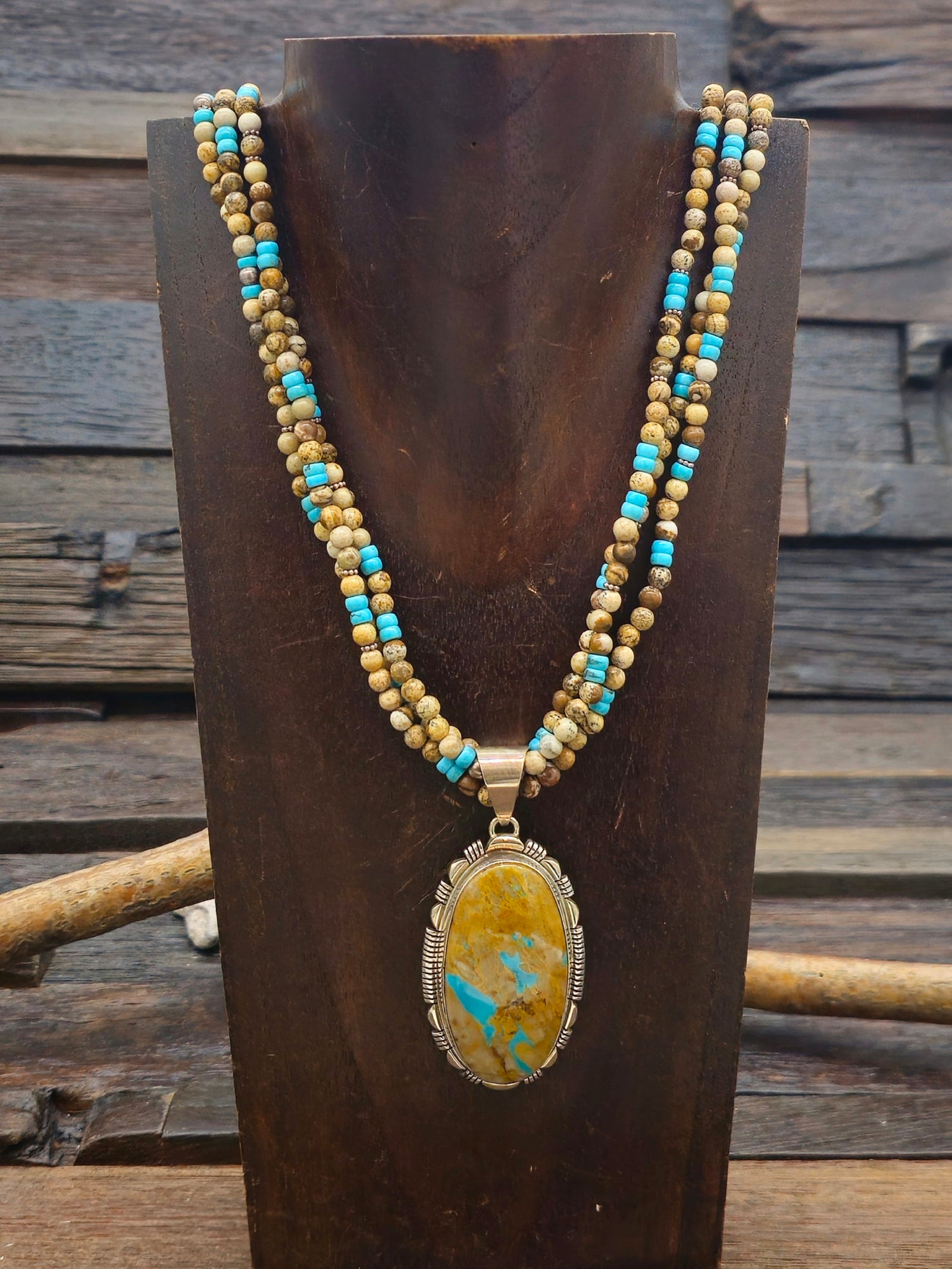 Vintage/Estate Three Strand Jasper and Turquoise Necklace with Boulder Turquoise Pendant - 24 in .