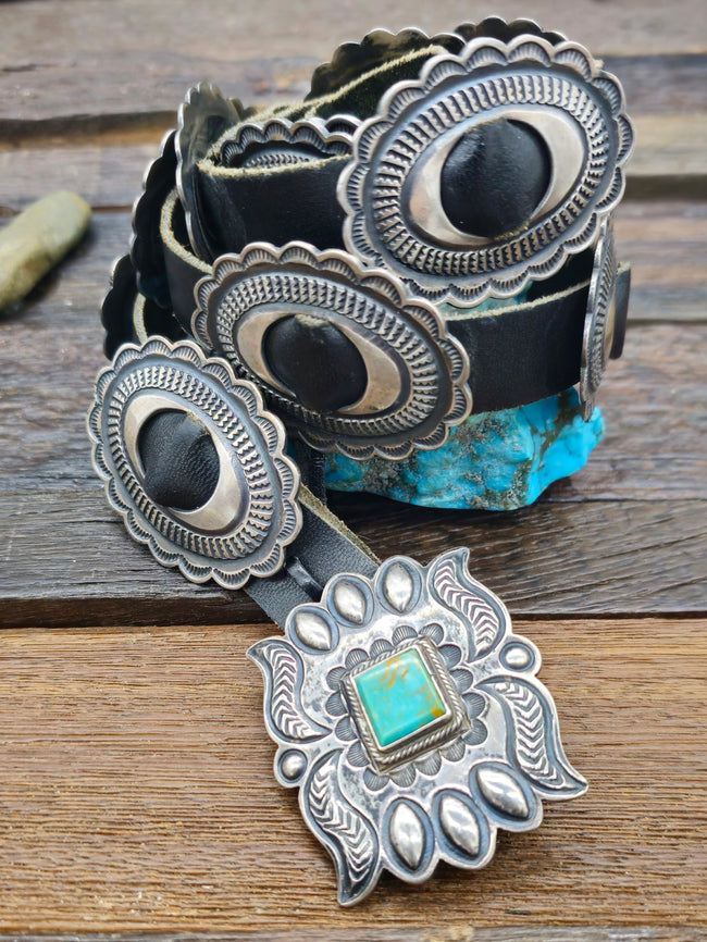 Vintage/Estate Green Turquoise Stamped Sterling Silver Concho Belt by Martha Cayatineto