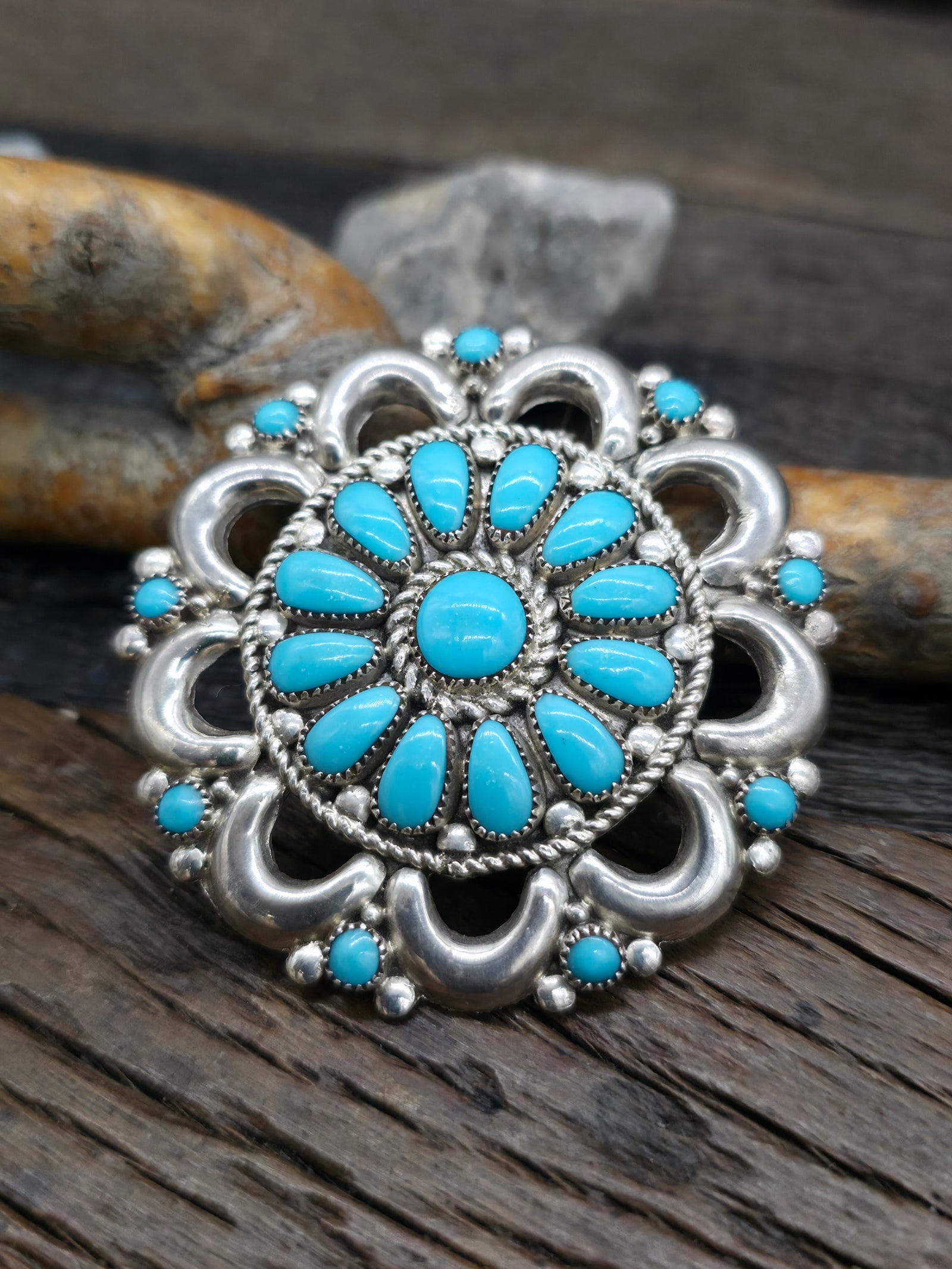 Sterling Silver Turquoise Cluster Pin/Pendant by Lorraine Waatsa - 2 in.