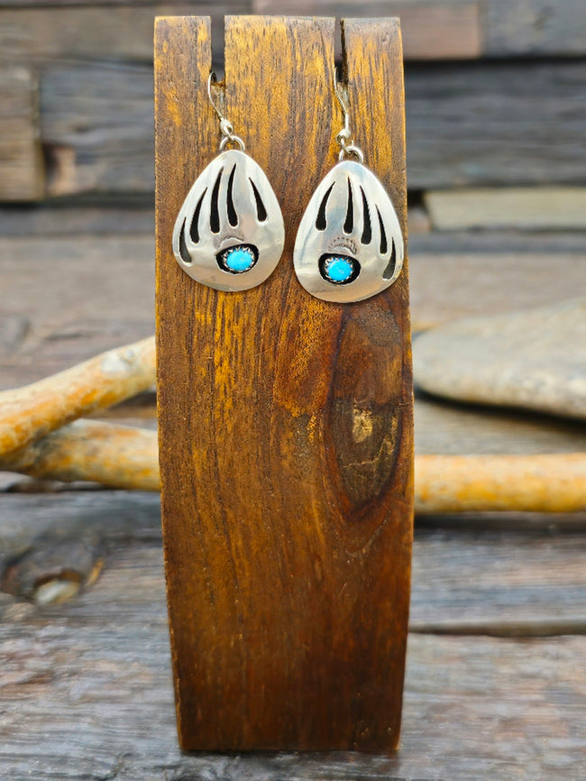 Turquoise Bear Paw Sterling Silver Shadowbox Hook Earrings by Ervin Begay