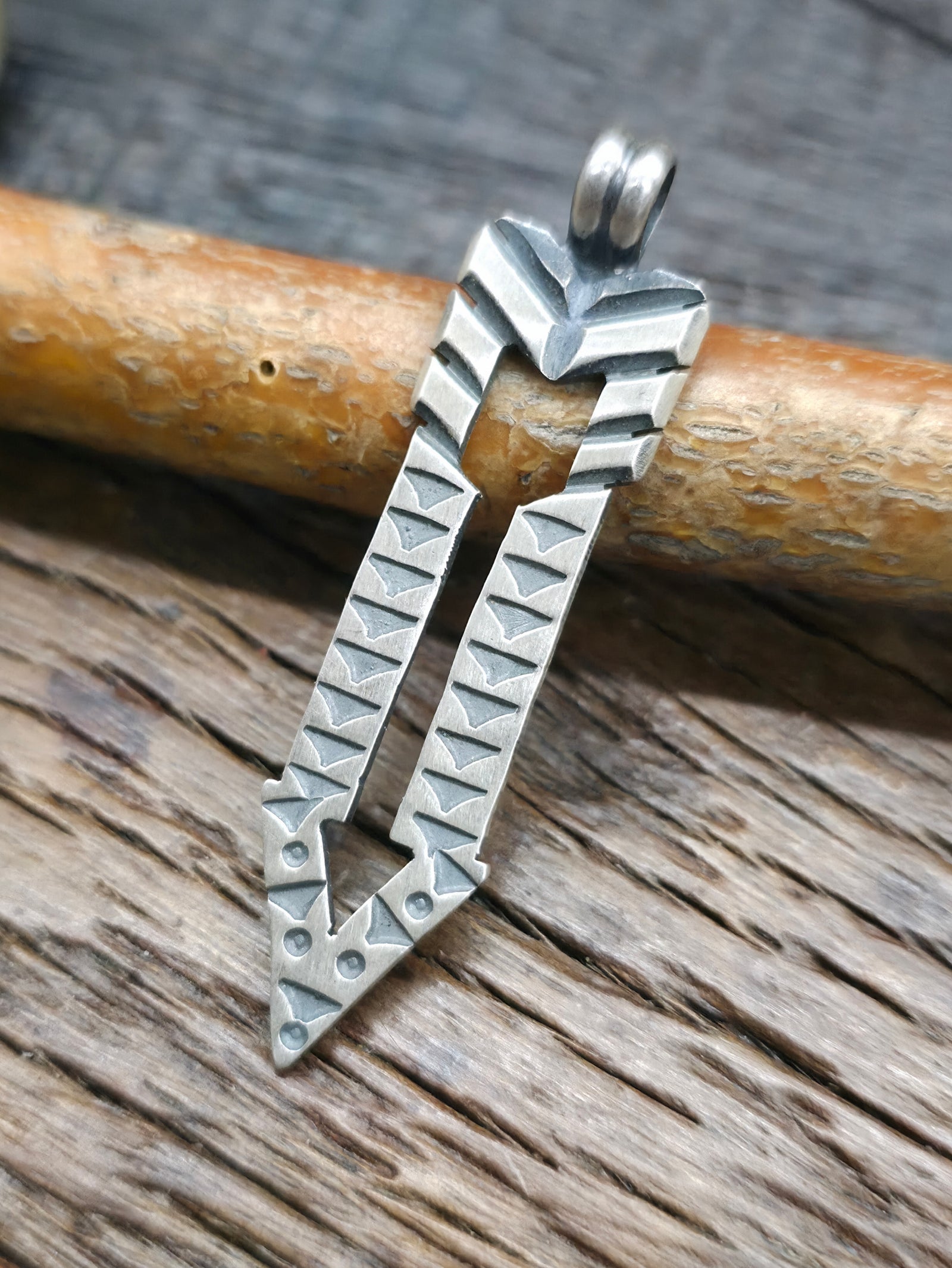 Stamped Sterling Silver Arrow Pendant by Bo Reeves - 2 in. by 1/2 in.