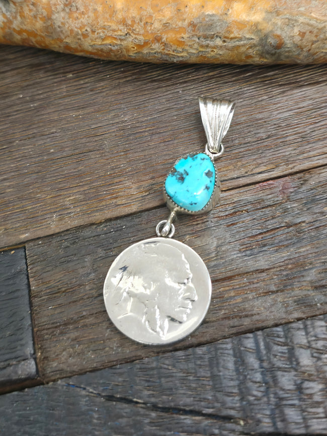 Sterling Silver and Kingman Turquoise Chief Nickle Pendant - 2 1/4 in. by 3/4 in.