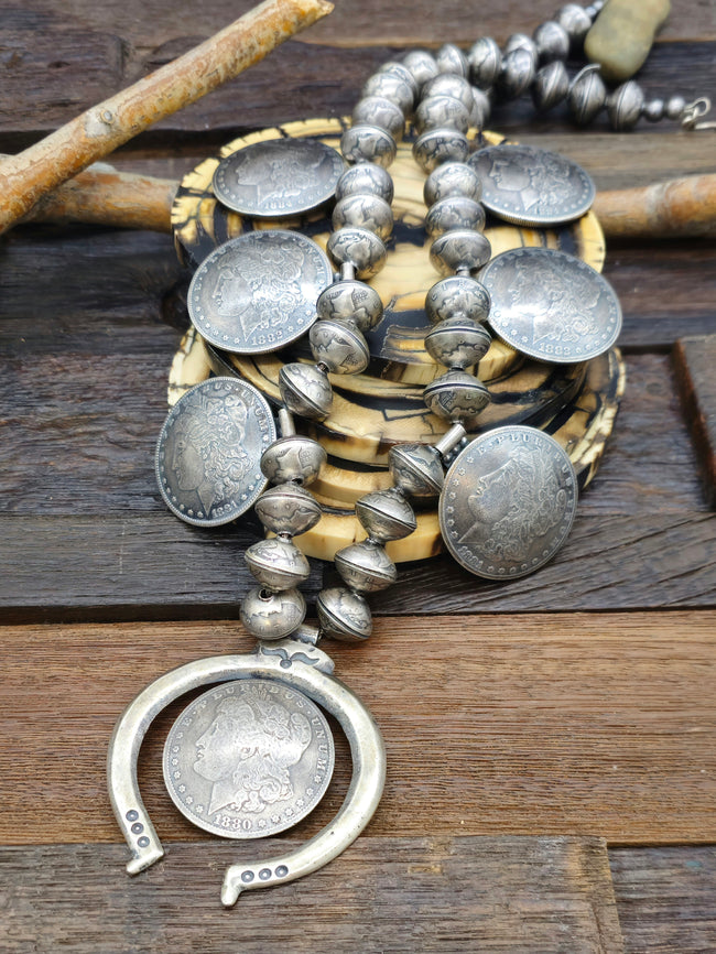 Morgan Dollar and Mercury Dime Coin Silver Squash Blossom Necklace 25 in.