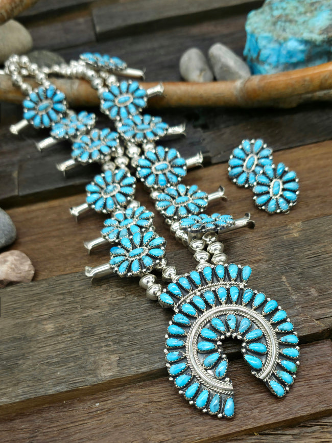 Sterling Silver Turquoise Squash Blossom Necklace and Earring Set by Zeita Begay - 24 in.