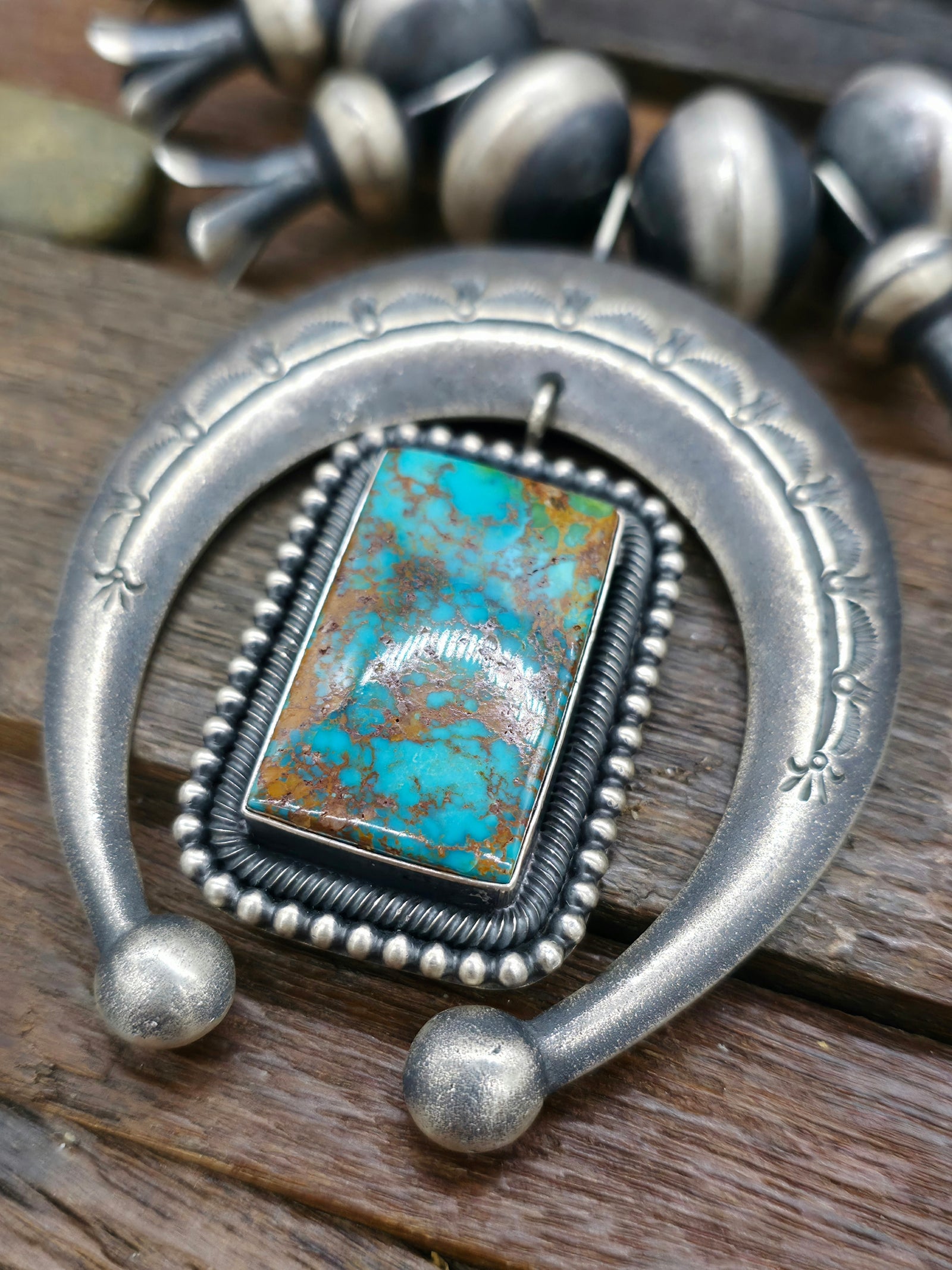 Sterling Silver Royston Turquoise Squash Blossom Necklace by Ernest Begay - 28 in.