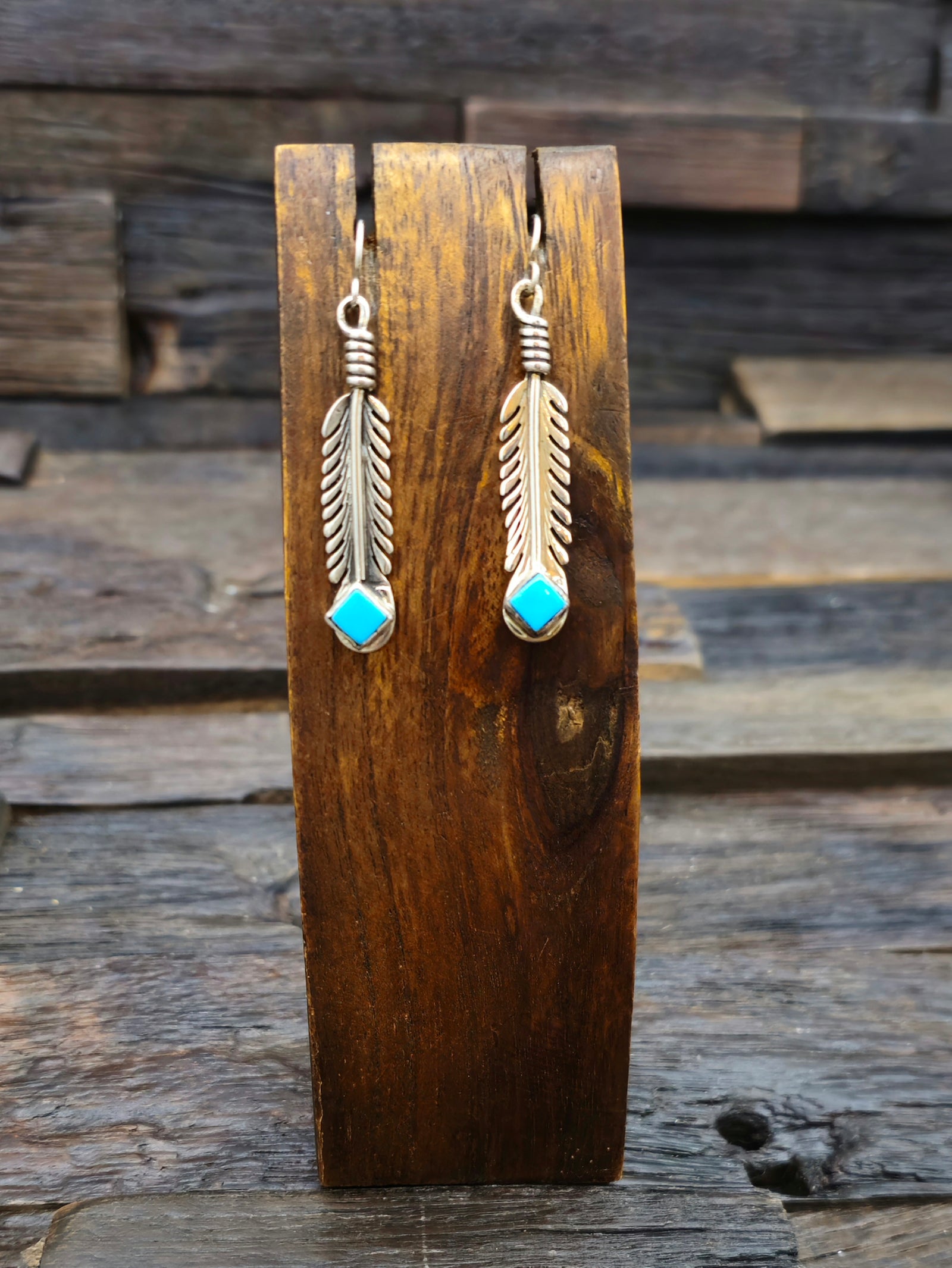 Sterling Silver Feather and Turquoise Earrings.