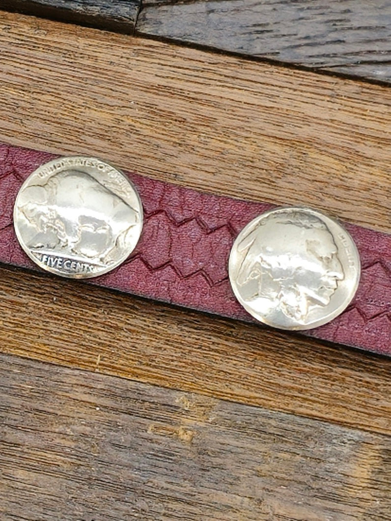 Buffalo and Chief Nickle Red Leather Snap Bracelet 9 1/2 in.