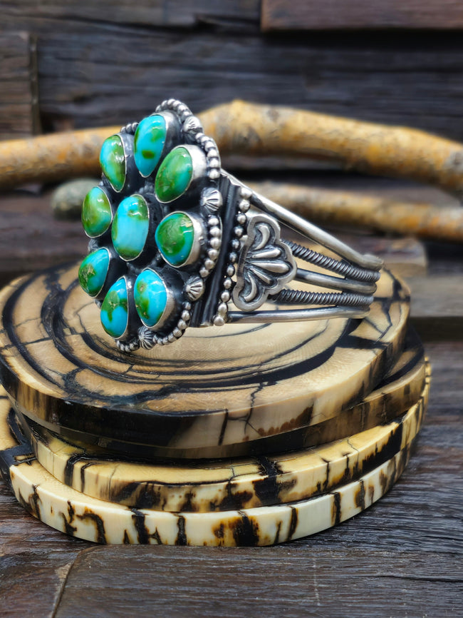 Sterling Silver and Sonoran Gold Turquoise Cluster Bracelet by Geraldine G. - 6 3/4 in