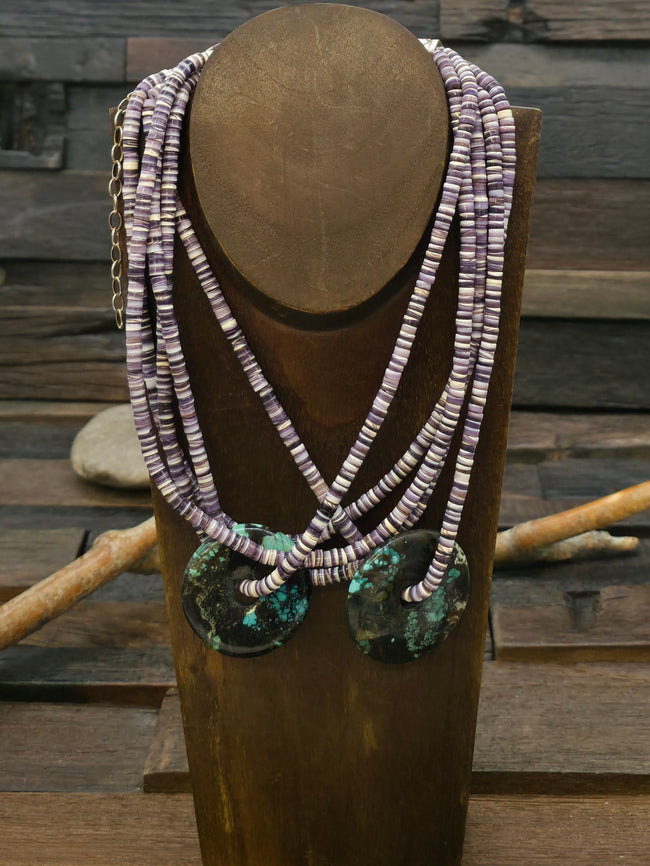 Five Strand Wampum Shell Necklace with Skyhorse Turquoise Discs by Fred Archuleta - 18 in. with 6 in. Extender