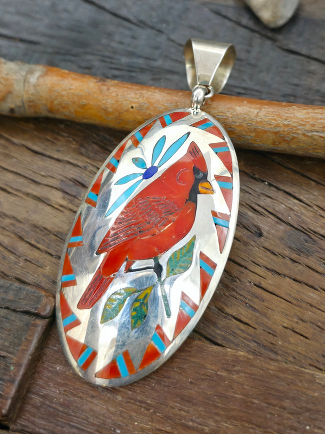 Large High Shine Sterling Silver Zuni Inlay Cardinal Pendant by Quinton Quam - 3 3/4 in. by 1 1/2 in.