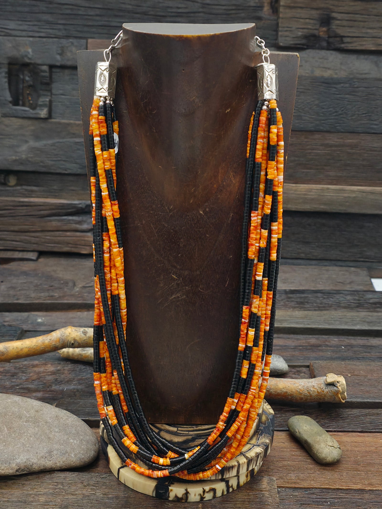 10 Strand Orange Spiny and Jet Necklace by Fred Archuleta - 21in w/6 1/2in Extender