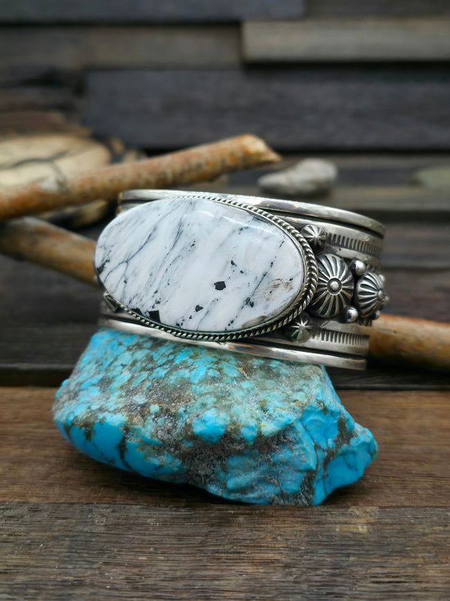 Stamped Sterling Silver and White Buffalo Cuff - 8 in.