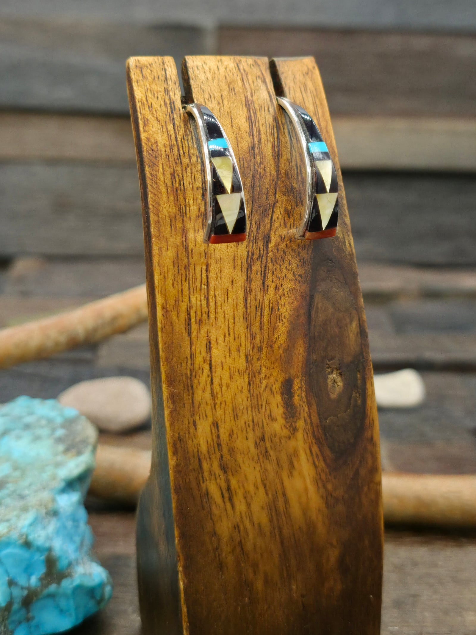 Sterling Silver Half Hoop Inlay Earrings by Tammy Qualo - 1 1/4 in. by 1/4 in.