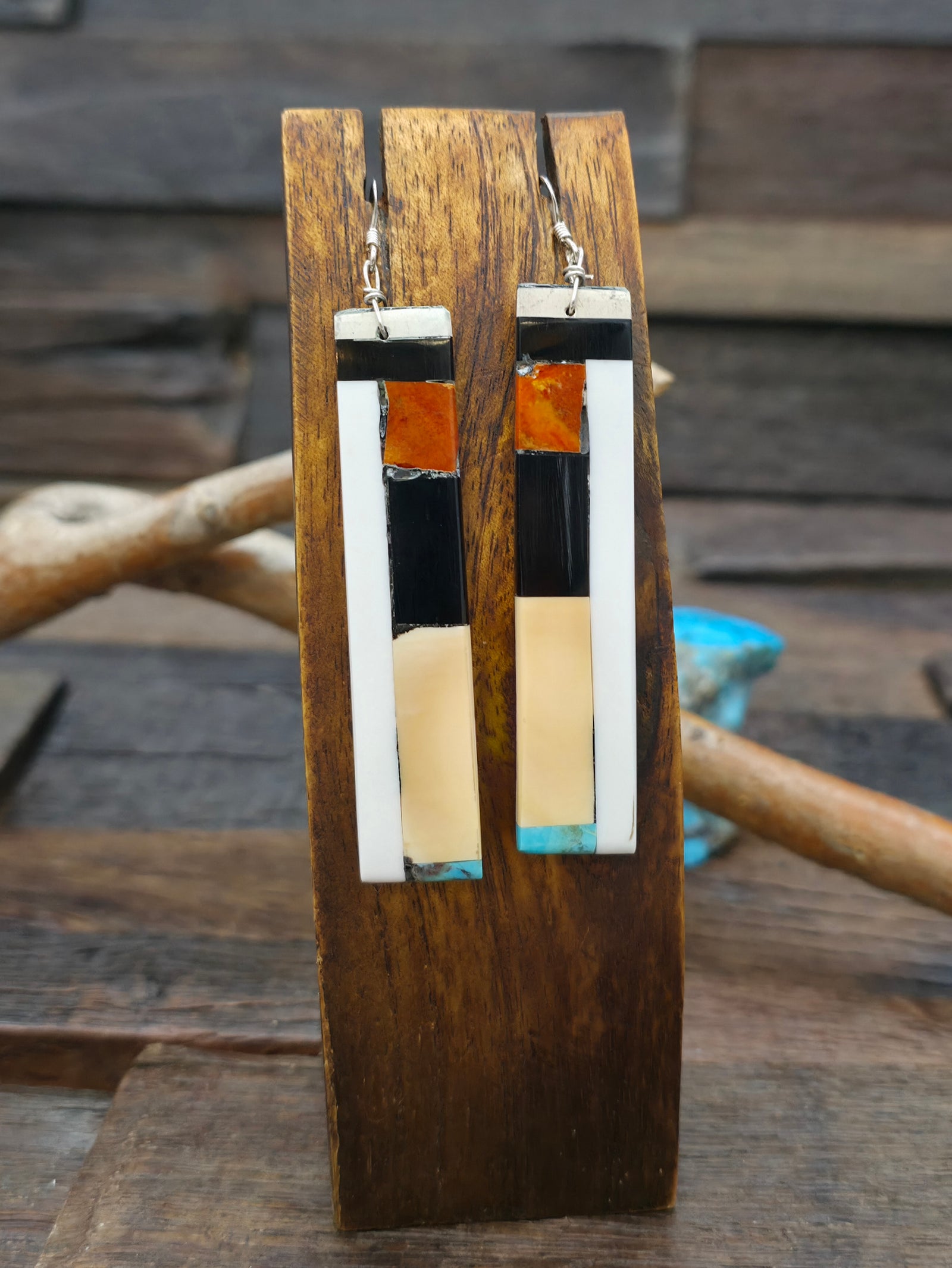 Turquoise Shell Jet and Howlite Mosaic Inlay Earrings by Torevia Crespin