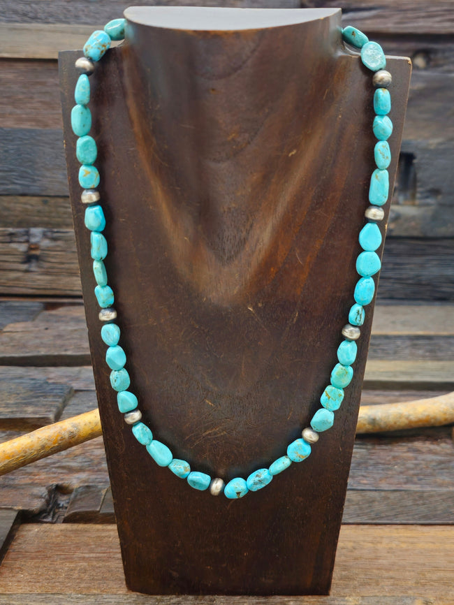 Kingman Turquoise Stone and Oxidized Sterling Silver Bead Necklace - 20 in