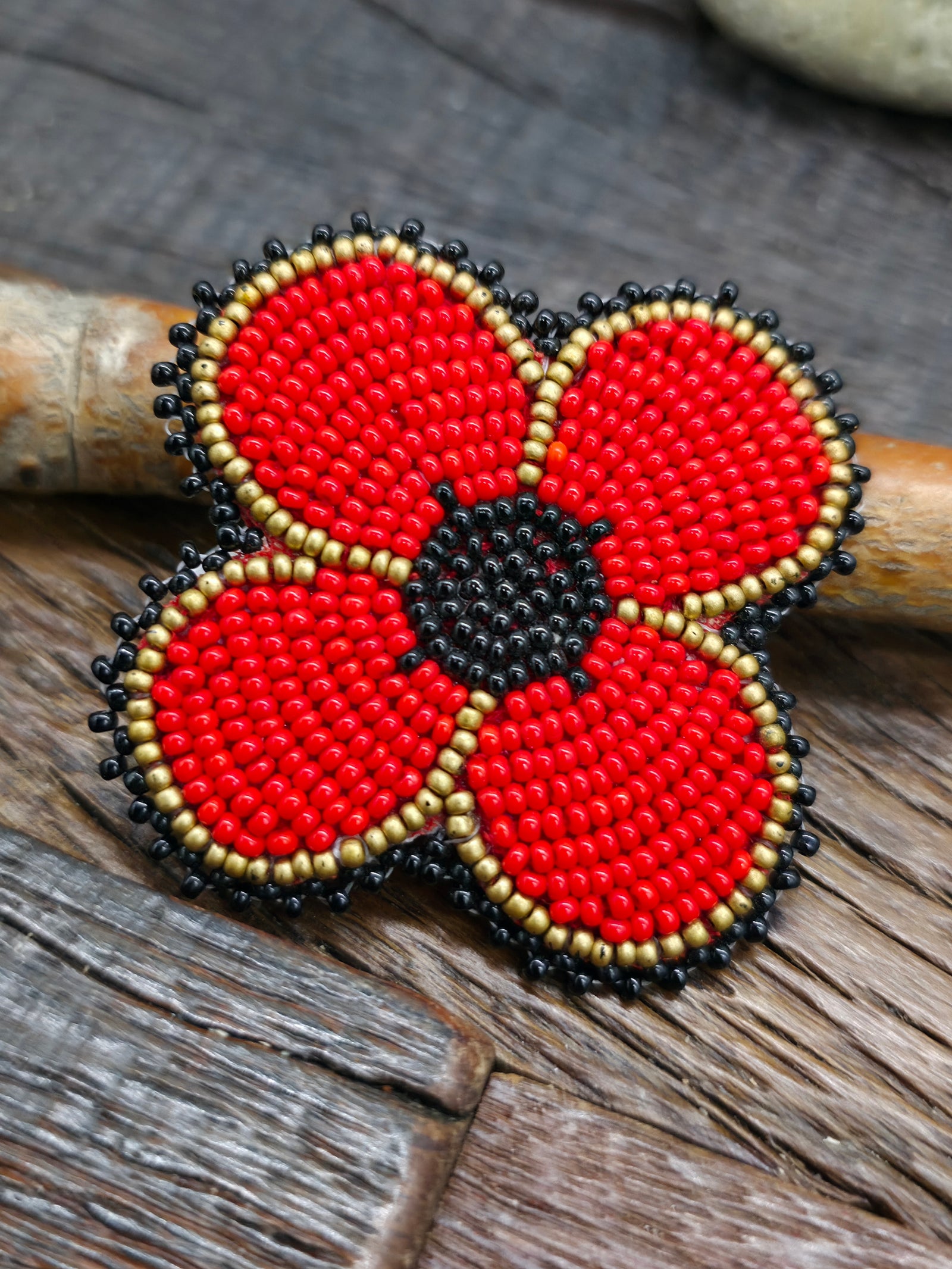 Red, Gold, and Black Beaded Flower Pin by Lydia McDonald - 2 1/4 in. by 2 1/4 in.